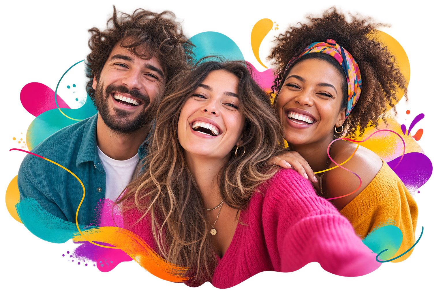 Trois personnes souriantes entourées de touches colorées, illustration d'accueil Atypique World