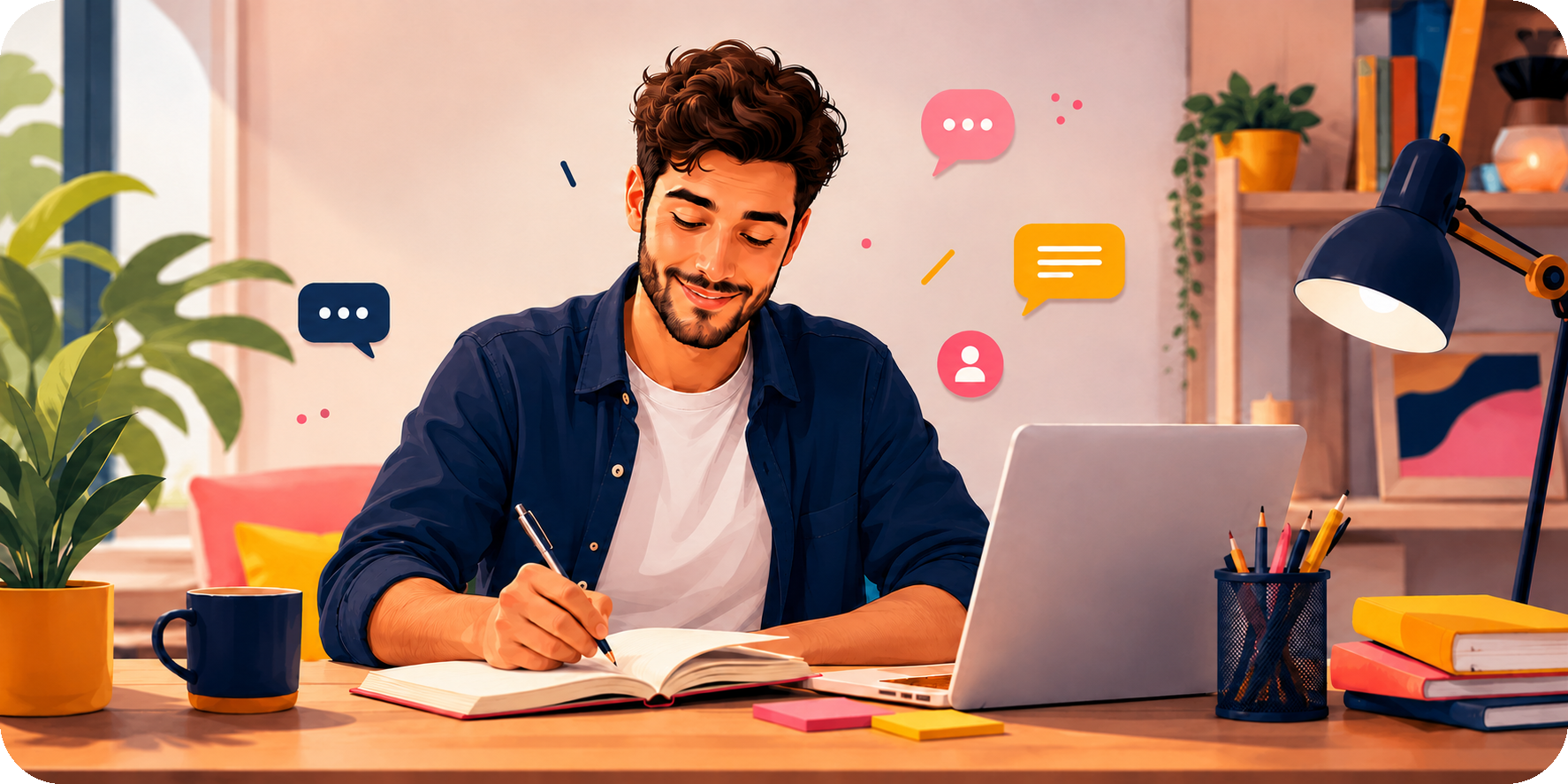 Un jeune homme souriant écrit dans un carnet devant son ordinateur portable, dans un espace de travail chaleureux et créatif.
