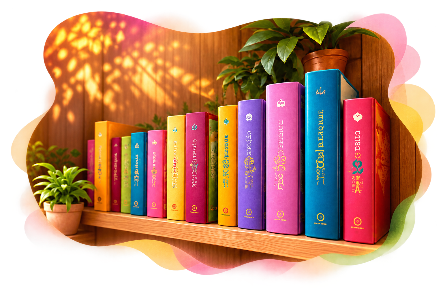 Une étagère en bois avec des livres colorés et des plantes, dans une ambiance chaleureuse et lumineuse.